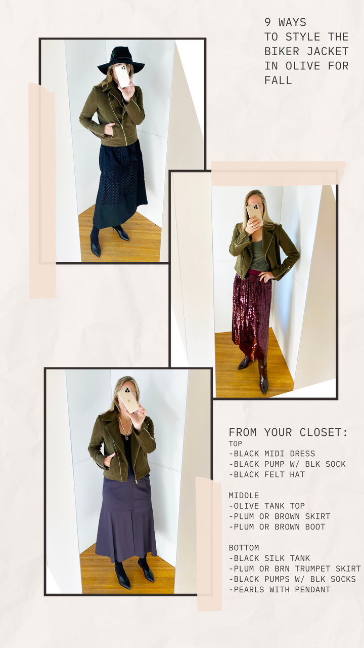 Shop Your Closet - 9 Ways to Style the Olive Biker Jacket